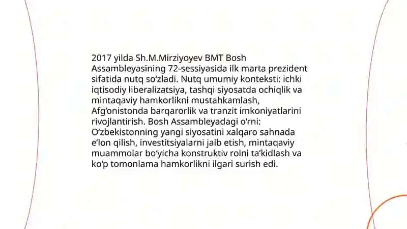 Sh. M. Mirziyoyev - 2017 yilda BMT Bosh Assembleyasining 17-sesseiyasidagi nutqi va uning mazmuni 3