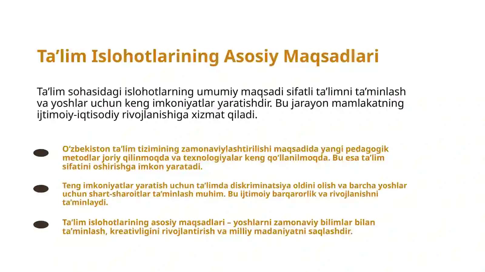 O'zbekiston Respublikasida ta'lim sohasida amalga oshirilayotgan islohotlar 3