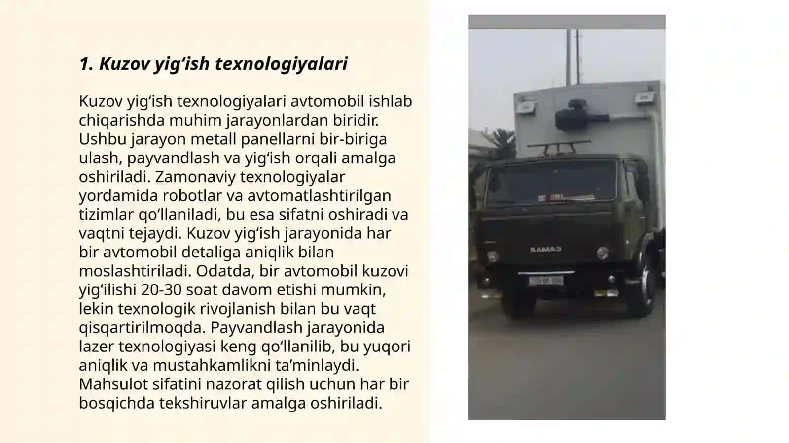 Avtomobil texnikalarini kuzov va kabinasini yig‘ish o‘rnatish ustaxonasi ishini tashkil etish 3