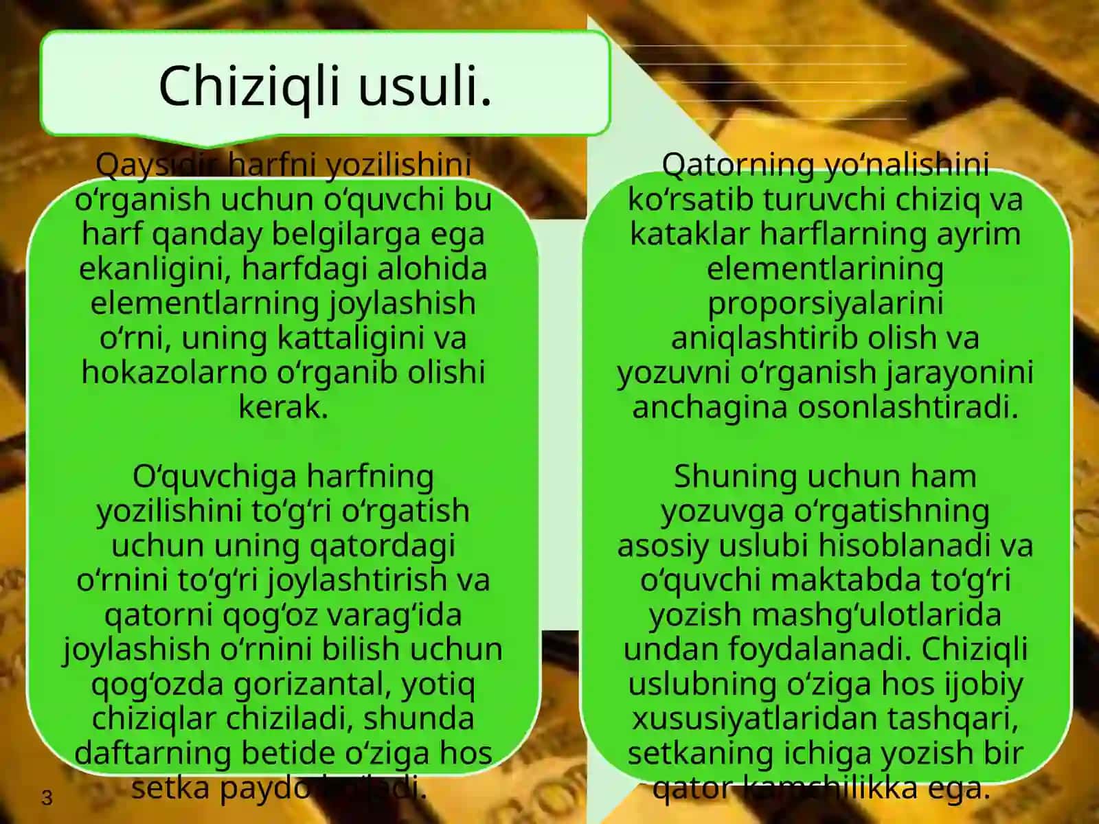 HUSNIXATGA O‘RGATISH METOD VA SHARTLARI. O‘QUVCHILAR YOZUVIGA QO‘YILADIGAN TALABLAR. YOZUV QUROLLARI VA ULARDAN FOYDALANISH 3
