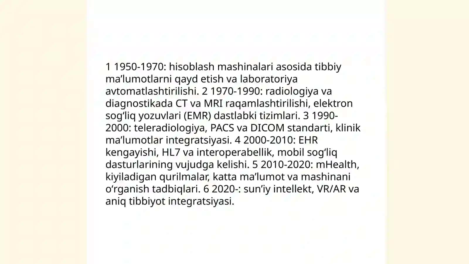 Tibbiyotda axborot raqamli texnologiyalar fanining asosiy bosqichlari.VR texnologiyasiga asoslangan hisoblash anatomiyasi.Tibbiyotga oid mobil ilovalar va ularning qoʻllanishi 3
