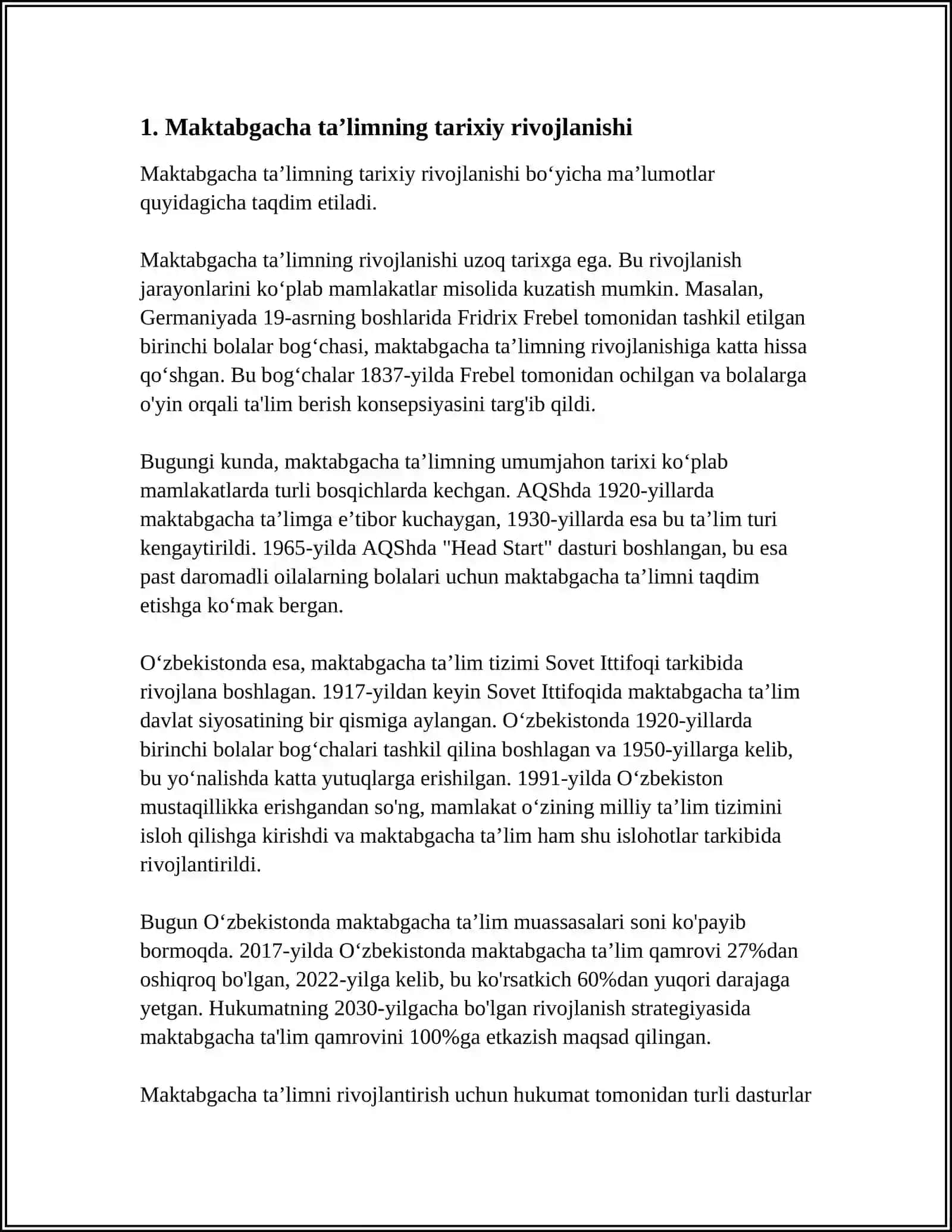 MAKTABGACHA PEDAGOGIKA FANNING TADQIQOT METODLARI:MAKTABGACHA TAʼLIM TARIXI 3