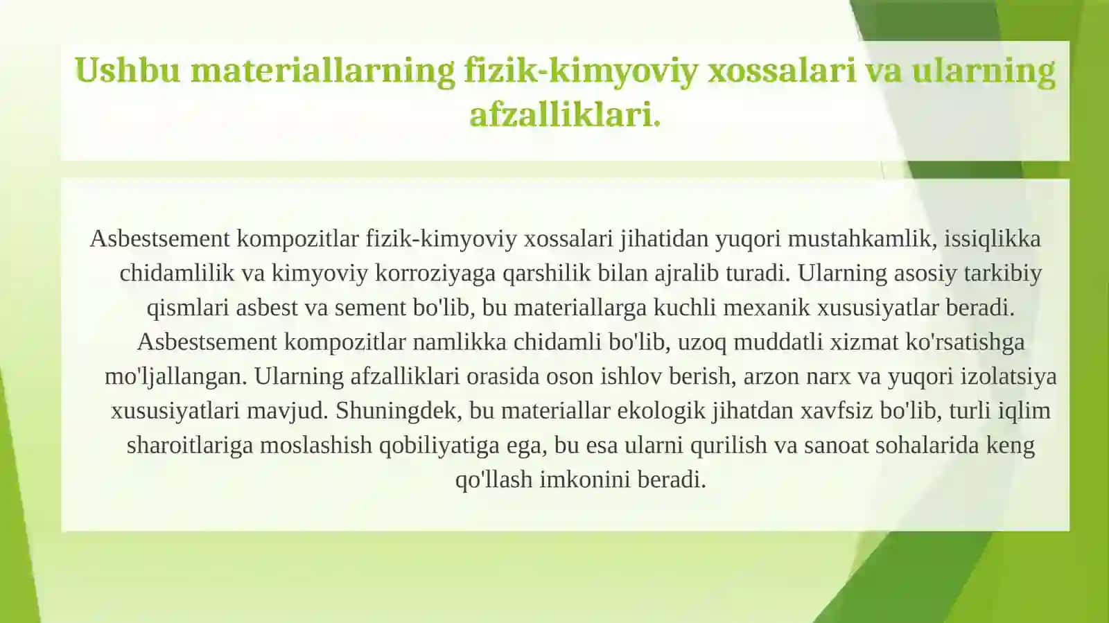 Asbestsement kompozitlar ishlab chiqarish texnologiyasi, xossalari va ishlatilish sohalari 3