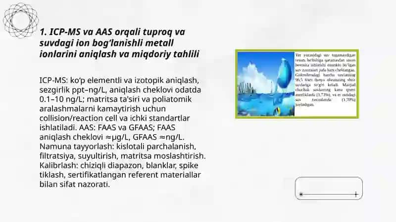 Tuproq va suvdagi ion bog‘lanishli ifloslantiruvchi moddalarni aniqlash va ekologik xavfsiz tozalash usullari 3