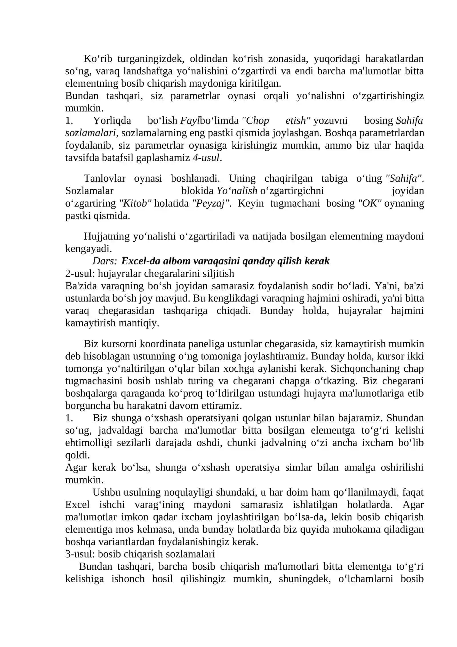 Microsoft Excel dasturida jadval ma’lumotlarni chop etishga tayyorlash va chop etish 3