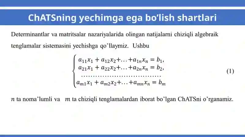 Chiziqli algebraik tenglamalar sistemasini Kramer,Gauss va matritsalarda yechish. Kronekker-Kapelli teoremasi. Bir jinsli chiziqli algebraik tenglamalar sistemasi. Chiziqli algebraik tenglamalar sistemasining tadbiqlari. 3