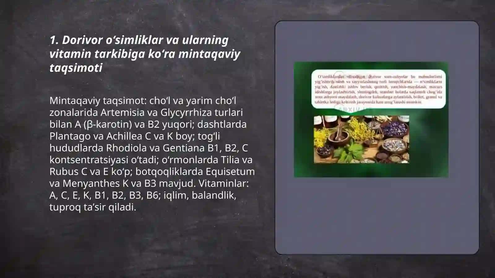 Dorivor oʻsimliklarning geografik tarqalishi va Vitaminlar 3
