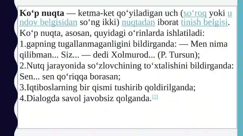 Ko‘pnuqta, nuqta, vergul, nutq bo‘laklari orasidan nuqta va vergul ishlatilishi 3
