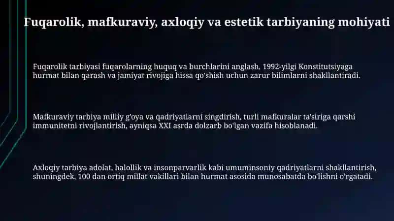 Oʻquvchini fuqarolik,mafkuraviy, maʼnaviy va estetik tarbiyasi 3