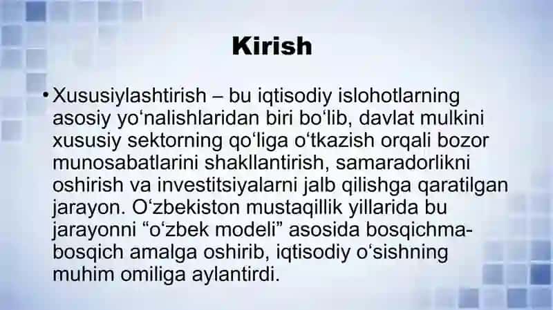 Oʻzbekistonda mulkni davlat tasarrufidan chiqarish va xususiylashtirishning nazariy asoslari 3