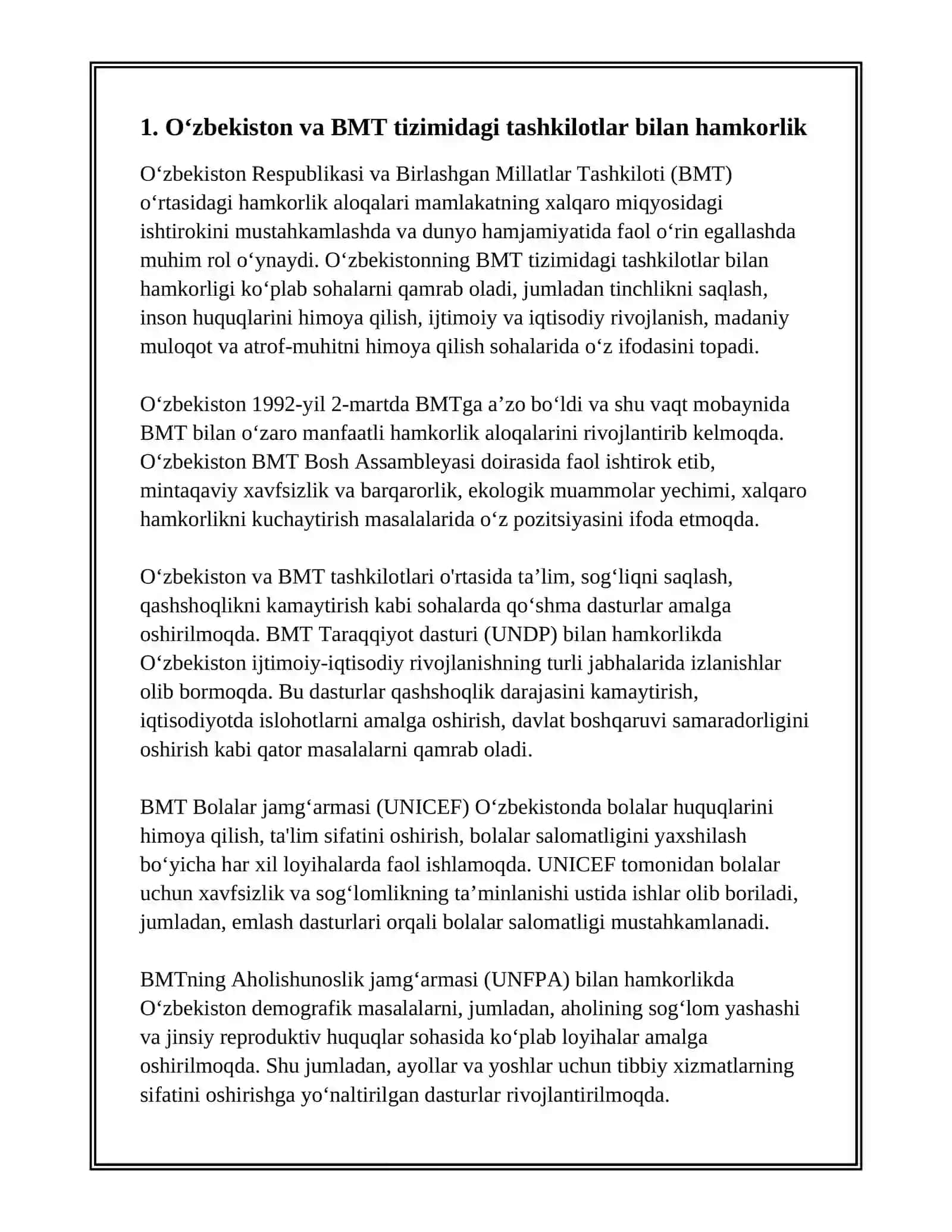 OʻZBEKISTONNING XALQARO TASHKILOTLAR BILAN HAMKORLIK ALOQALARI 3