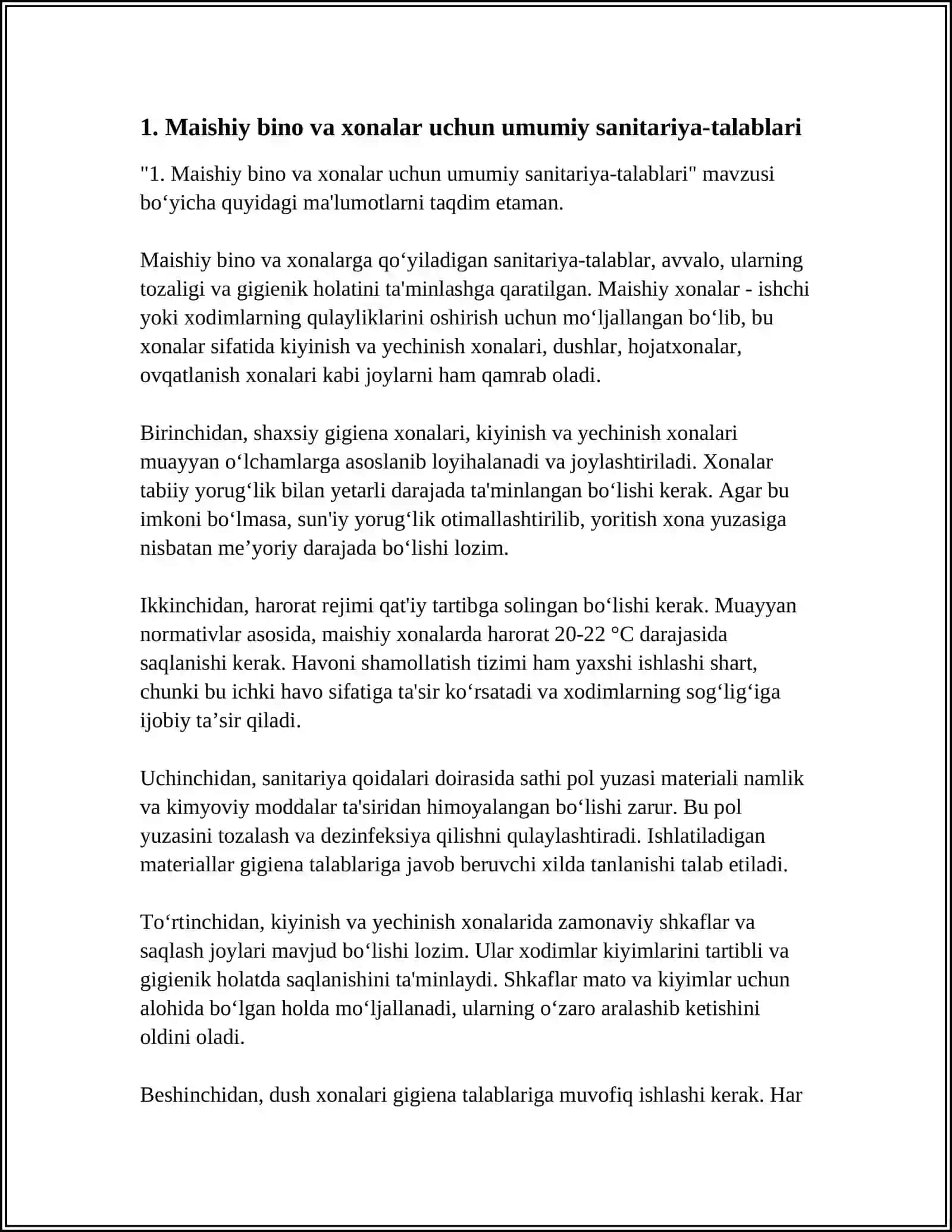 KORXONADA SANITARIYA- MAISHIY BINO VA XONALARIGA QO‘YILADIGAN TALABLAR 3