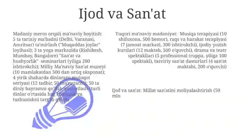 Yuqori ma'naviy madaniyat: Musiqa terapiyasi, raqs va harakat terapiyasi, ijodiy yozish kurslari, drama va teatr spektakllari, tasviriy san'at dasturlari 3