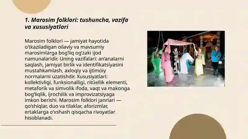 Marosim folklori.Oilaviy va mavsumiy marosimlar, janr xususiyatlari 3
