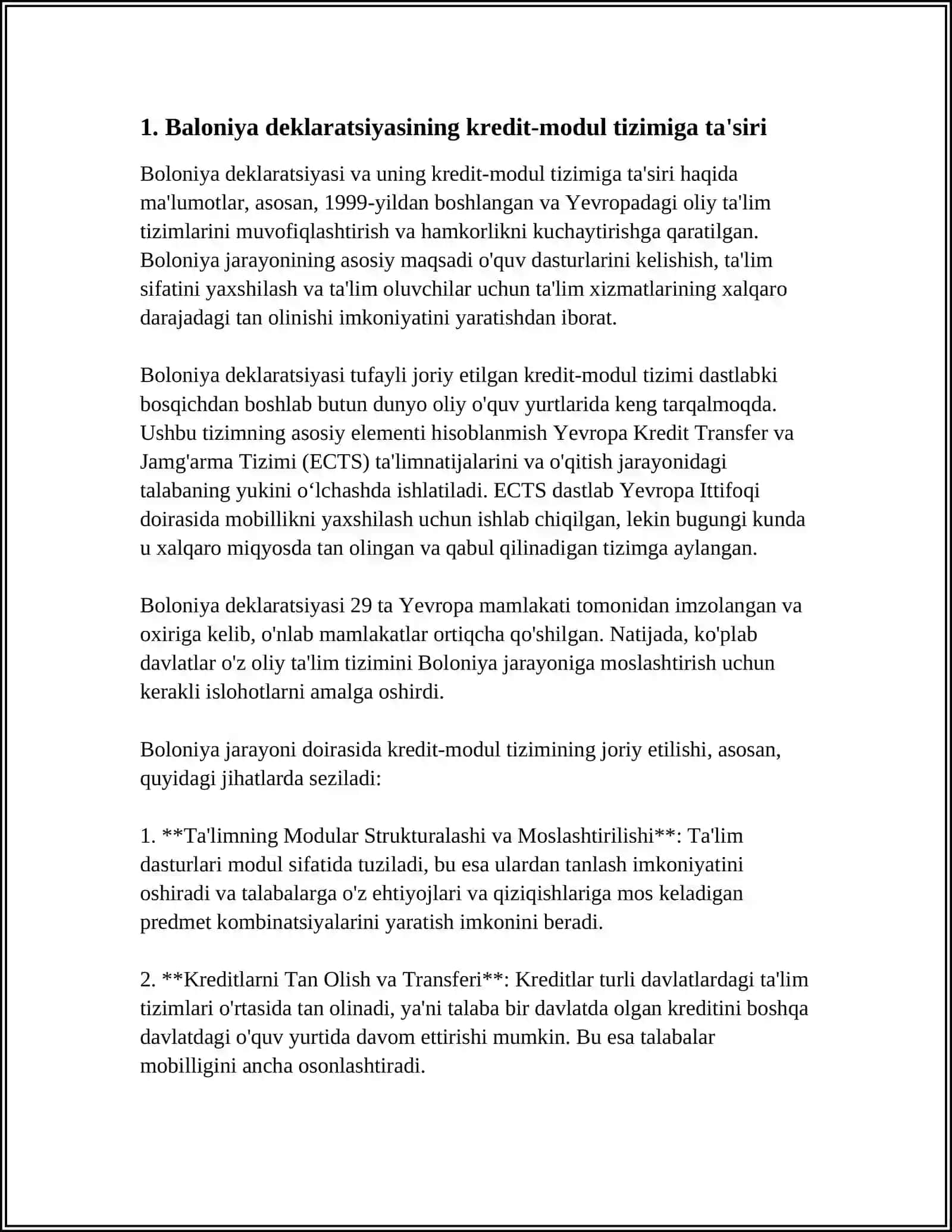 BALONIYA DEKLARATSIYASI KOREYA TALIM TIZIMI OZBEKISTON OLIY TALIMIDA KREDIT MODUL 3