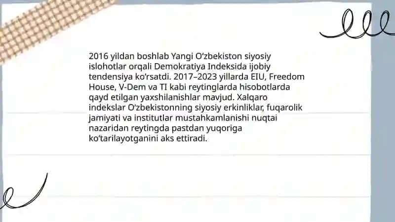 Yangi O‘zbekiston ijtimoiy-siyosiy, iqtisodiy va madaniy hayotida roʻy berayotgan oʻzgarishlarning xalqaro reyting va indekslarda aks etishi 3