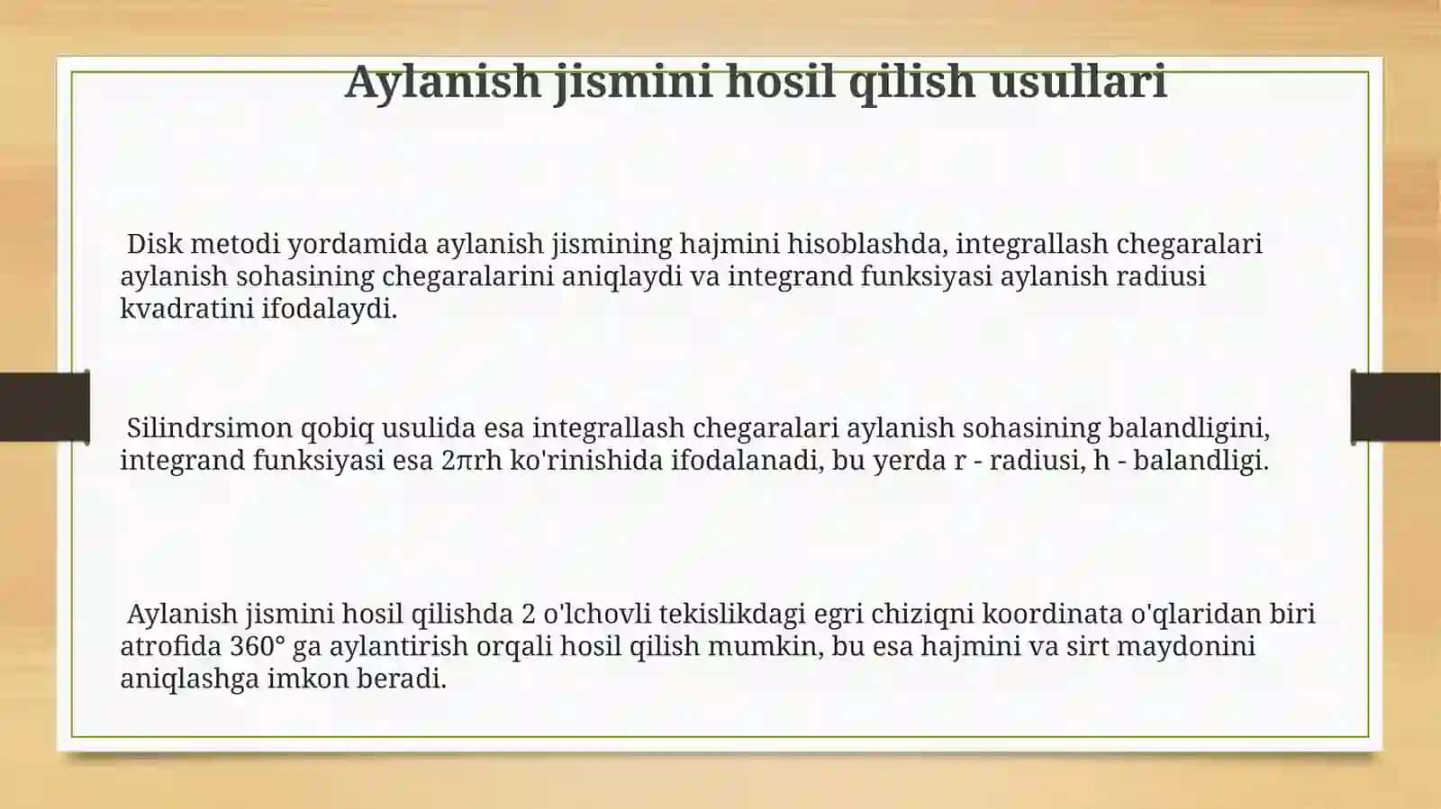 Aylanish jismining hajmi va sirt maydonini hisoblash 3