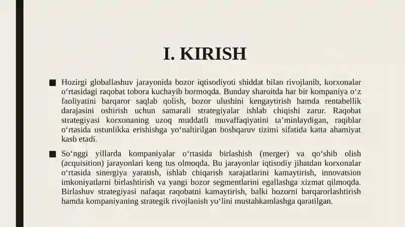 Raqobat strategiyasini shakllantirishda kompaniyalarni birlashtirish samaradorligi 3
