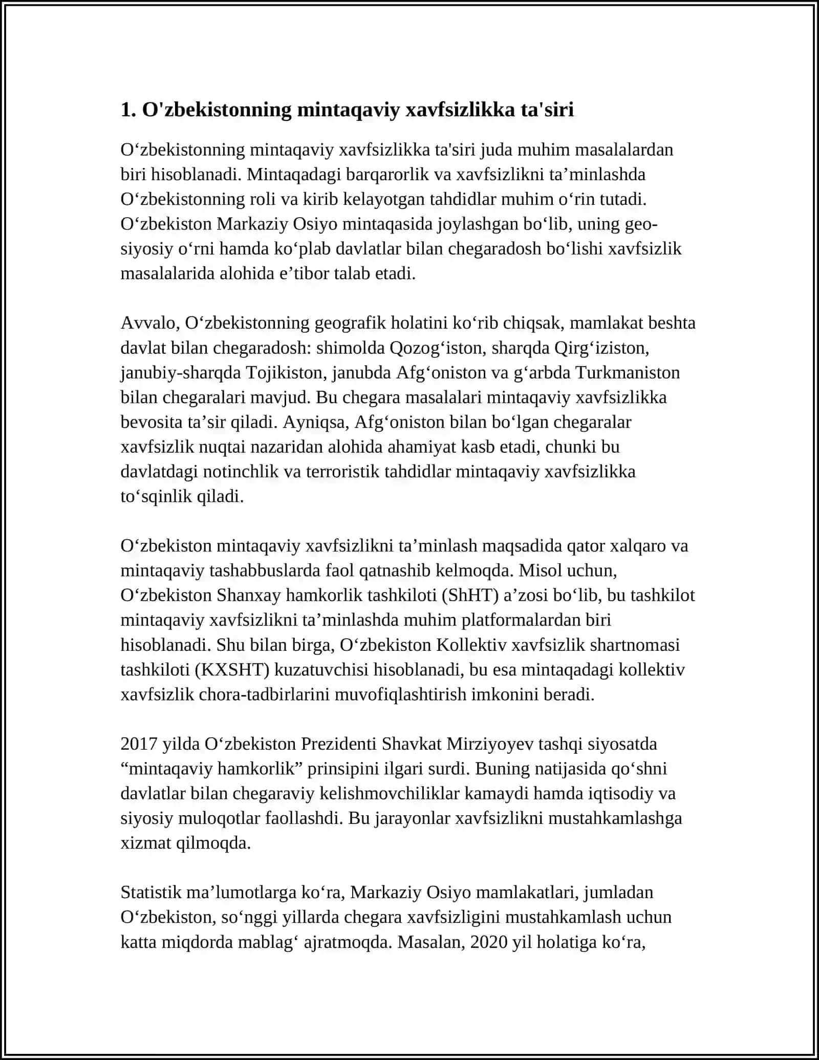 OʻZBEKISTONNING MARKAZIY OSIYODA TINCHLIK VA BARQARORLIKNI TAʼMINLASHDAGI OʻRNI 3