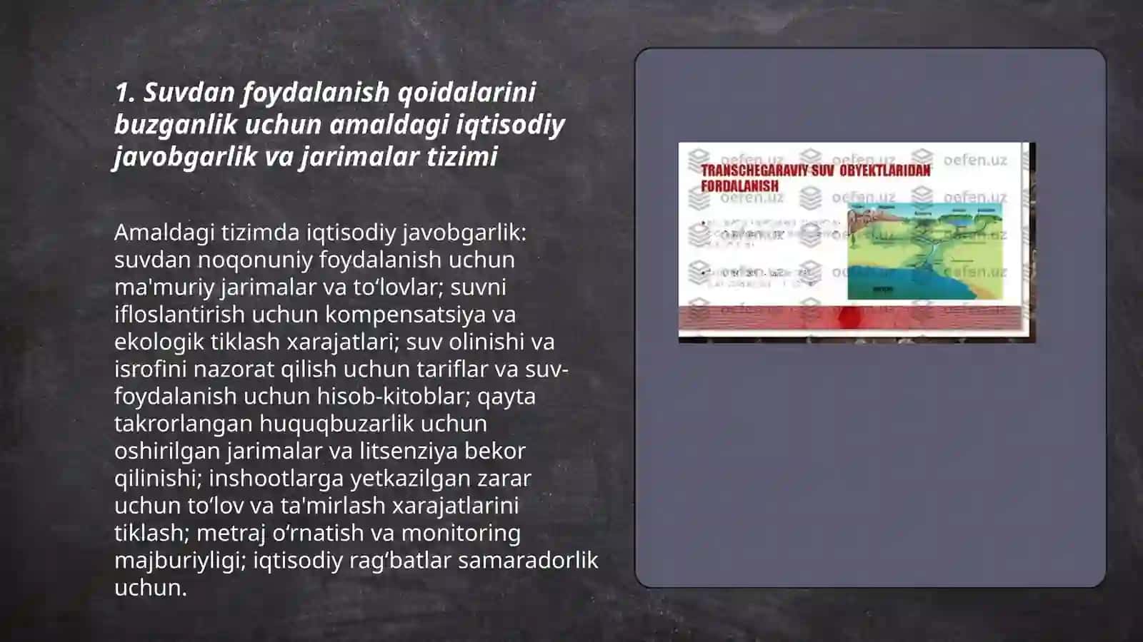 Suvdan foydalanish qoidalarini buzganligi uchun belgilangan iqtisodiy choralarni va suvdan foydalanishdagi asosiy muammolar va vazifalarini o‘rganish 3