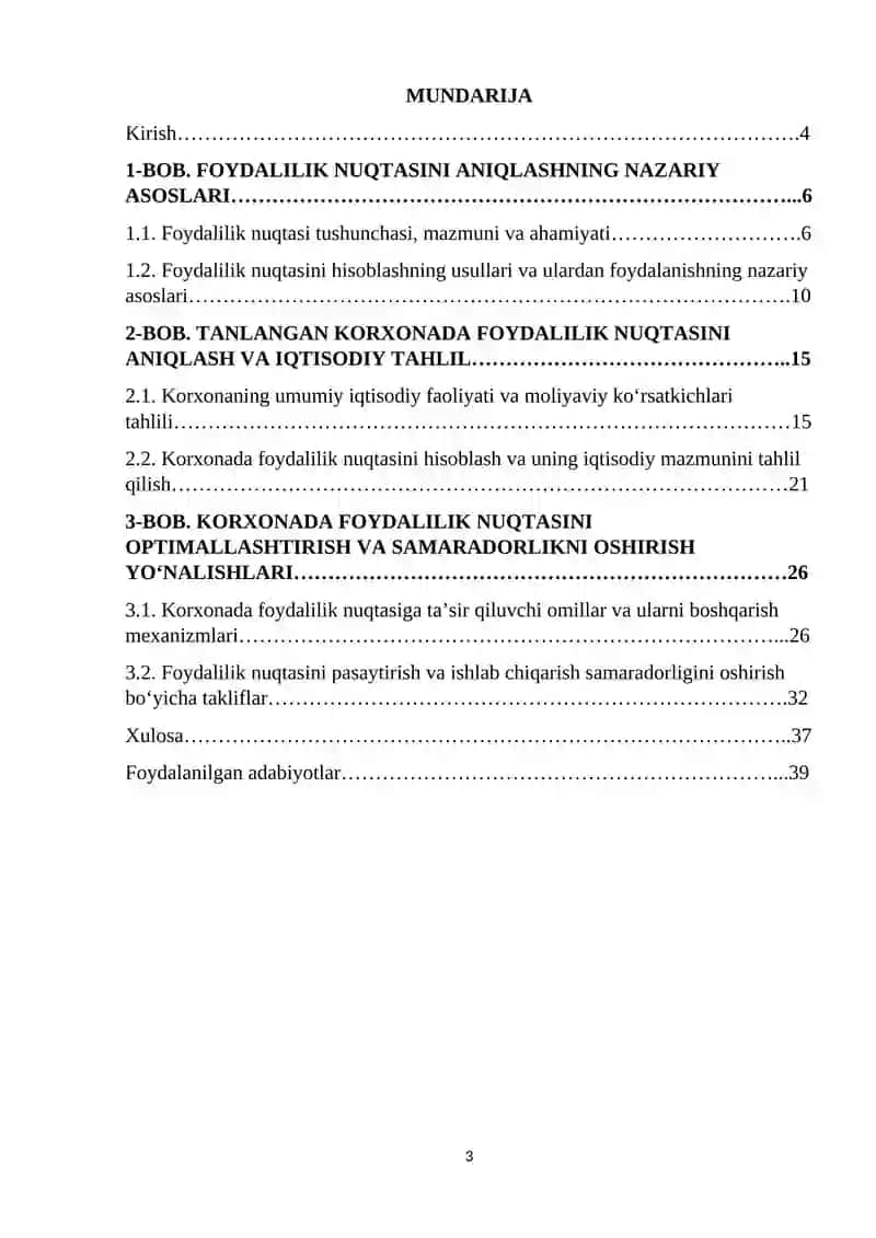 Ishlab chiqarish korxonasining foydalalik nuqtasini aniqlash va tahlil qilish 3