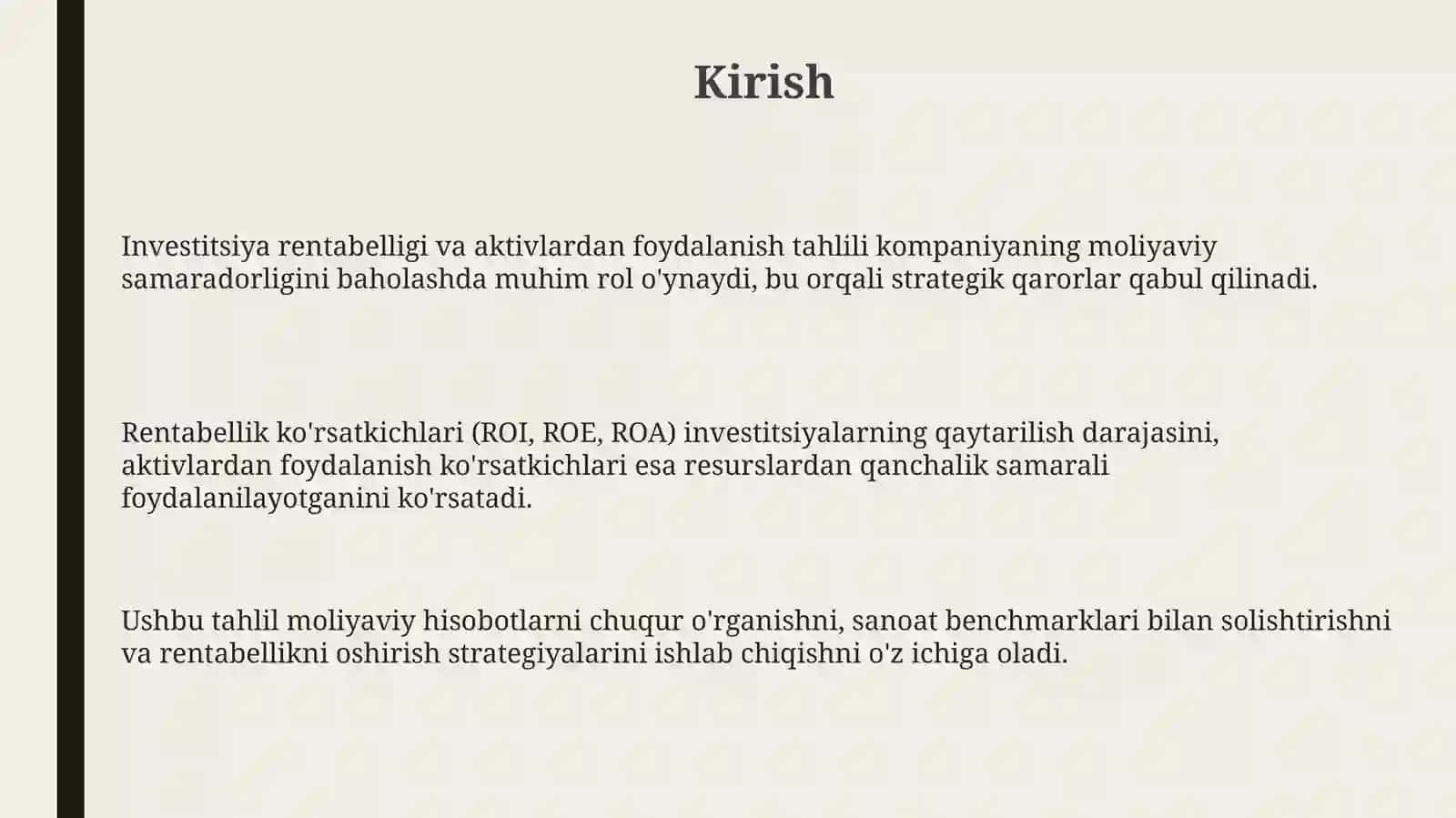 Investitsiya foydasi va aktivlardan foydalanish tahlili 3