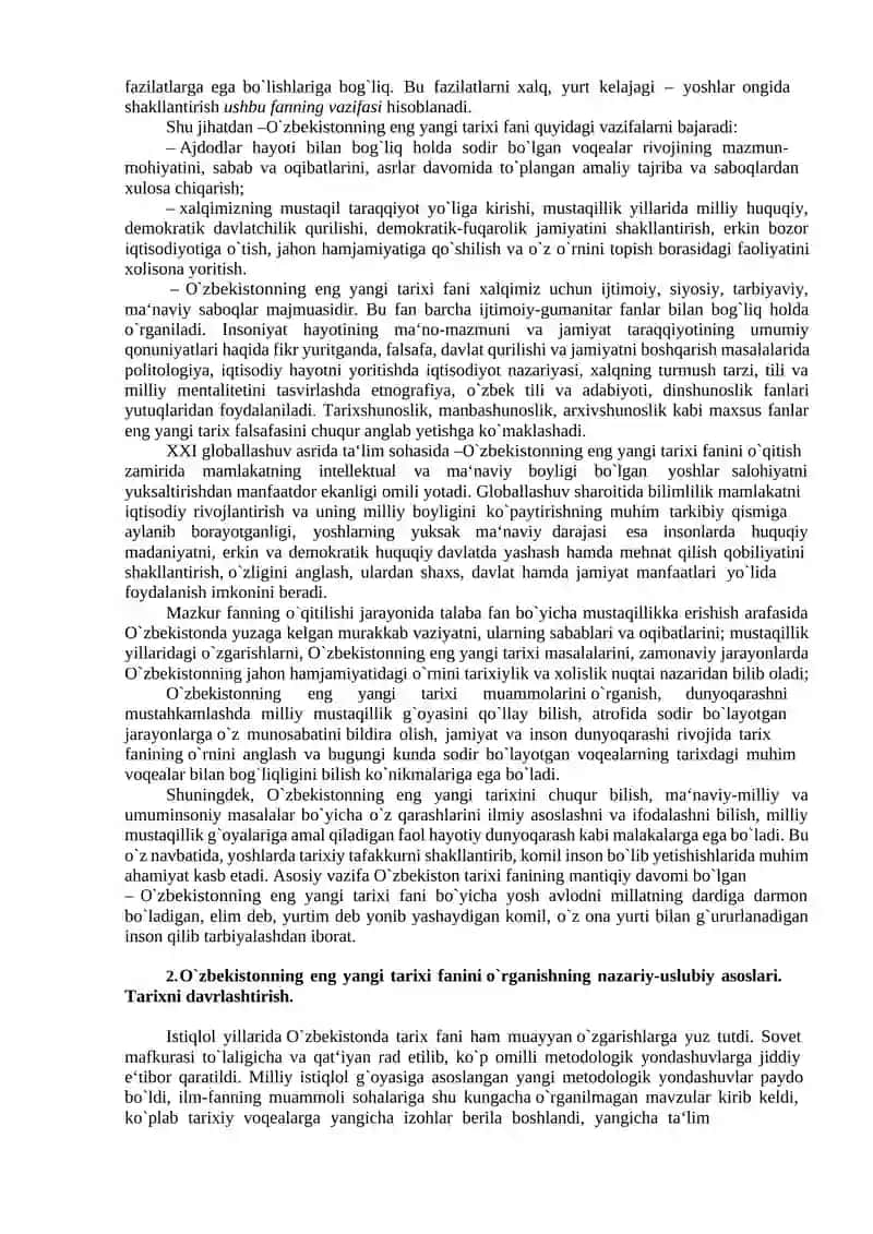 O`zbekistonning eng yangi tarixi fanining predmeti, maqsadi va vazifalari 3