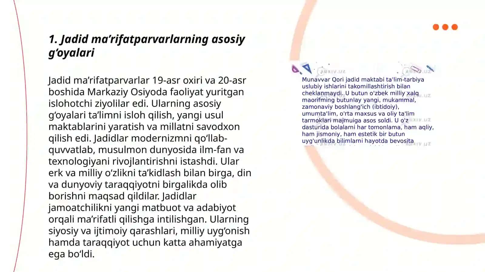 Jadid ma’rifatparvarlarining o‘lka ijtimoiy-ma’naviy hayotida tutgan o‘rni (Munavvar Qori, Fitrat, Behbudiy, Avloniy va boshq.) 3
