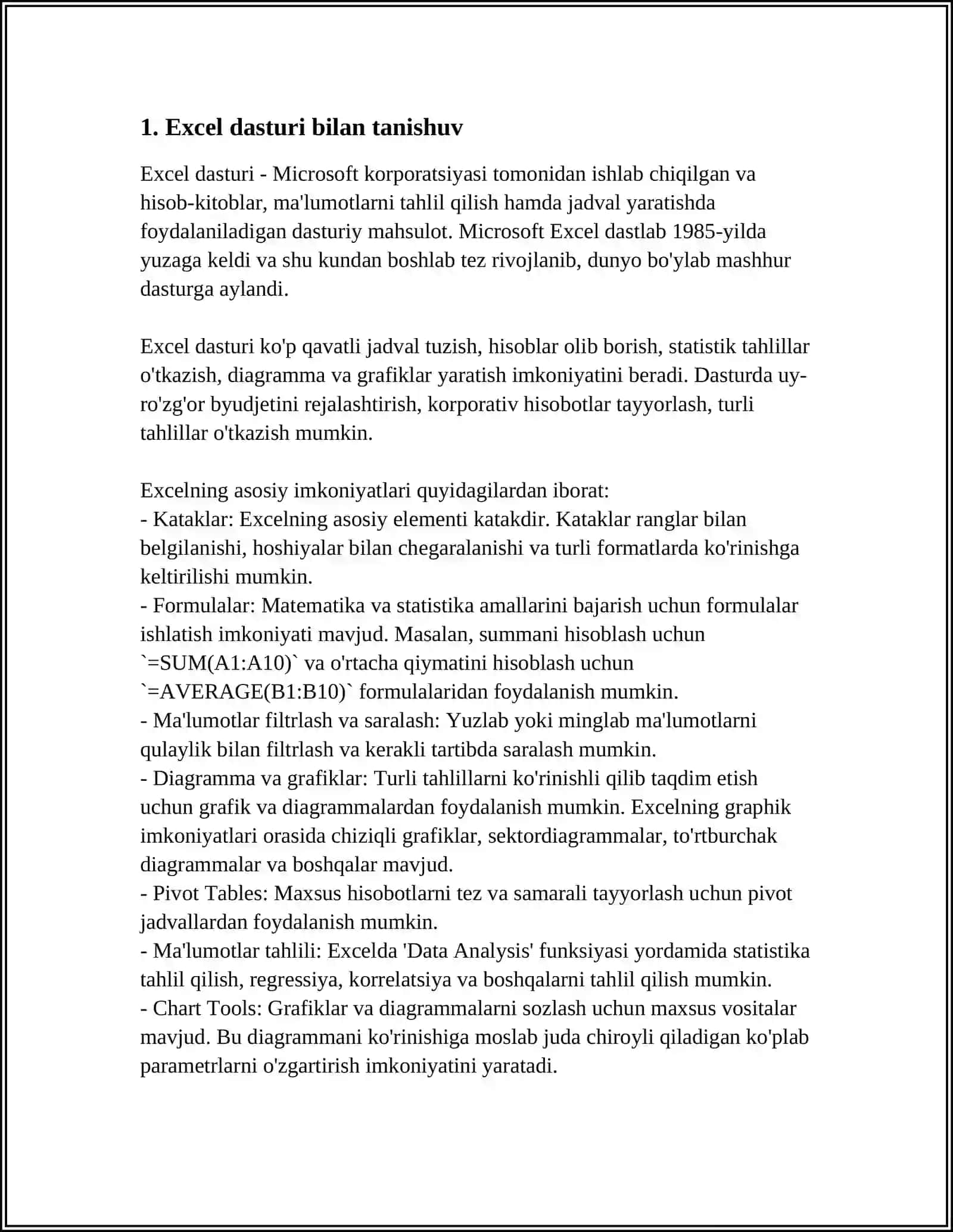 "EXCEL DASTURI BILAN ISHLASH" MAVZUSINI O‘QITISH 3