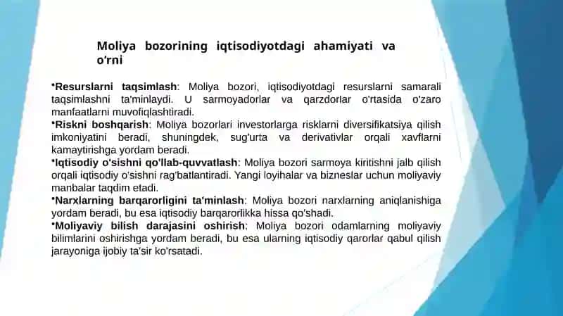 Moliya bozorida amalga oshiriladigan bitim va operasiyalar; Moliya bozorining iqtisodiyotdagi ahamiyati va o‘rni 3