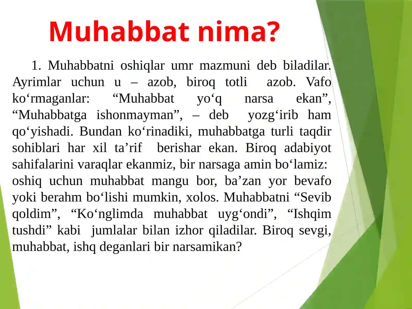 10-sinf Ona tili fanidan dars ishlanma. Muhabbat o'zi nima matni. Matn turlari. Nutq uslublari 3