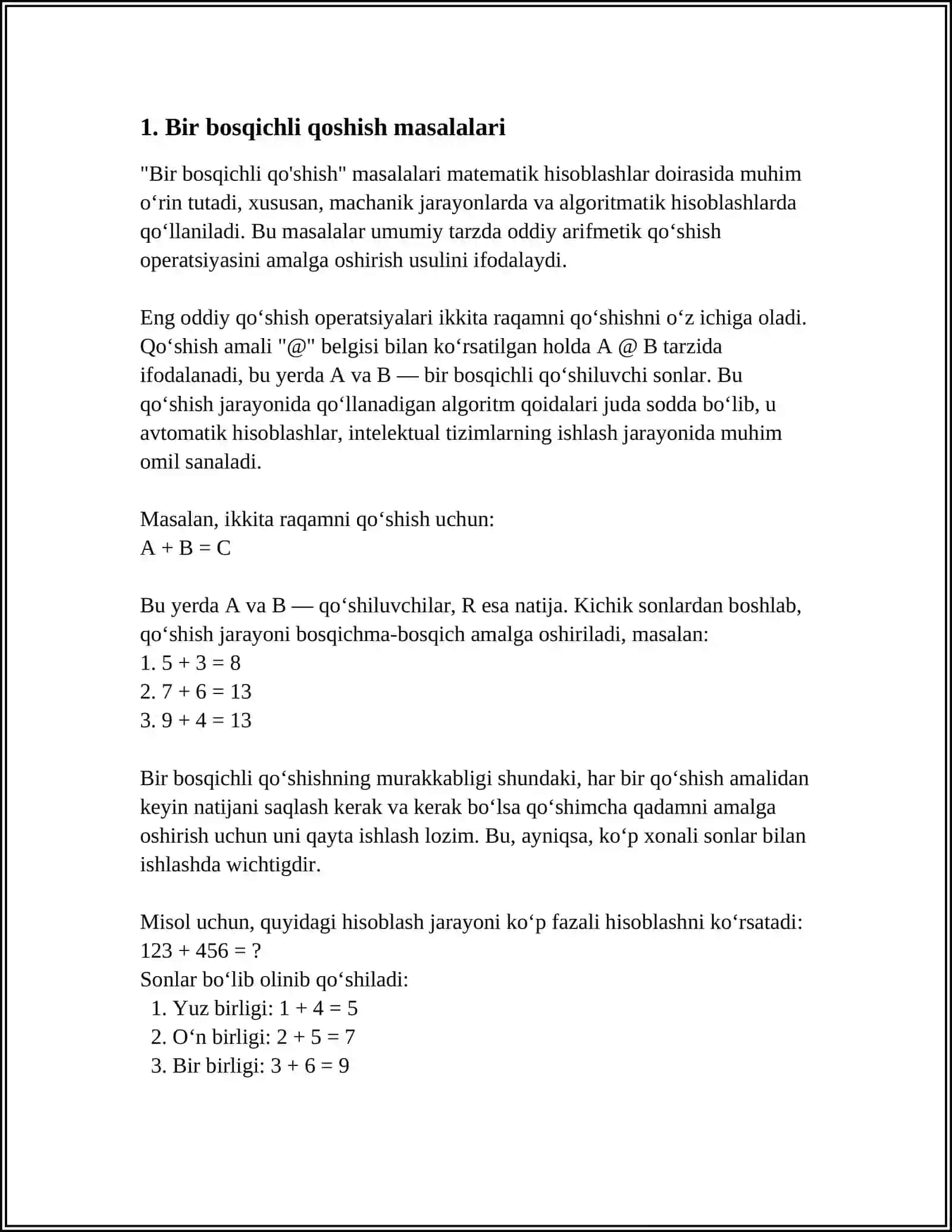 BIR BOSQICHLI QOSHISH VA AYIRISH MASALALARINI YECHISH MATEMATIK MAZMUNGA EGA ROLLI OYINLAR 3