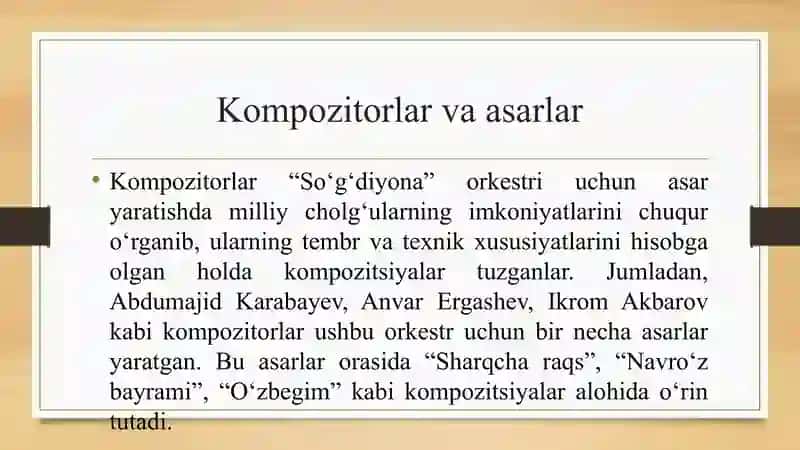 O'zbek kompozitorlarining “So'g'diyona” orkestri uchun yaratgan maxsus asarlari. 3