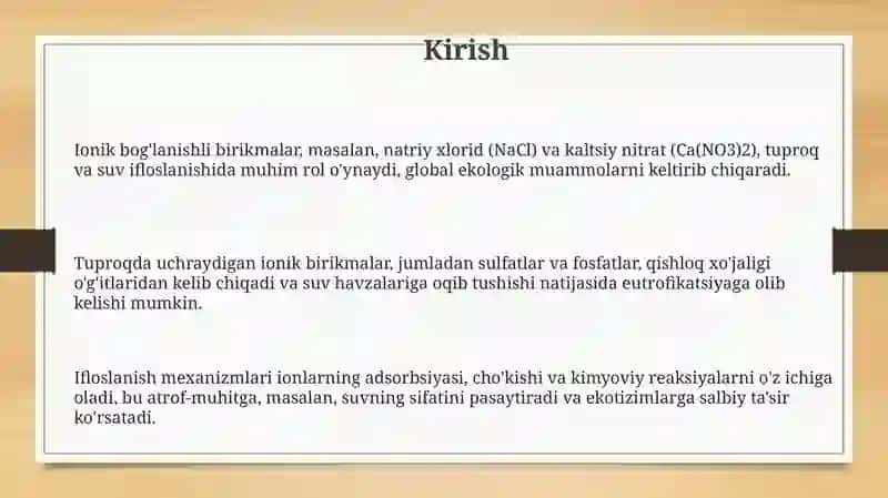 Tuproq va Suv Ifloslanishida Ion Bog'lanishli Birikmalar 3