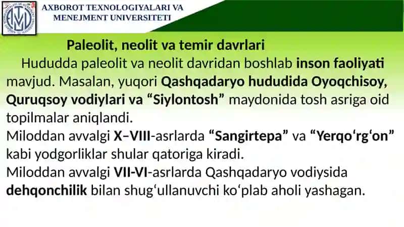 Ibtidoiy zamonlardan milodgacha bo‘lgan davrda Qashqadaryo vohasi. Qashqadaryo vohasi Eron va Yunon hukmronligi davrida. Navtaka va Kesh tarixi. Qadimgi davrda Qashqadaryo  vohasida  din  va otashparastlik. 3
