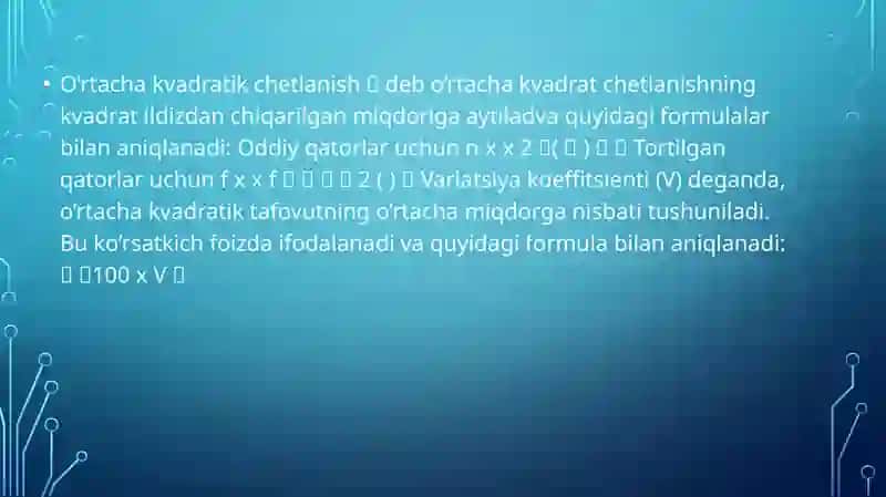 TIBBIY BIOLOGIK TAJRIBA NATIJALARINI STATISTIK QAYTA ISHLASH .O’RTACHA QIYMAT ,DISPERSIYA ,ISHONCHLILIK INTERVALINI HISOBLASH. 3