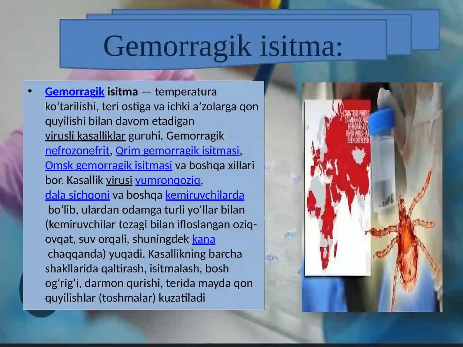 GEMORRAGIK ISITMA QO’ZG’ATUVCHILARI,PATOGENEZI,LABARATORIYA TASHXISI.LEPTOSPIROZLAR MORFOLOGIYASI,STRUKTURASI,TARQALGANLIGI,KELTIRIB CHIQARUVCHI KASALLIKLARI VA LABARATORI YA TASHXISI 3