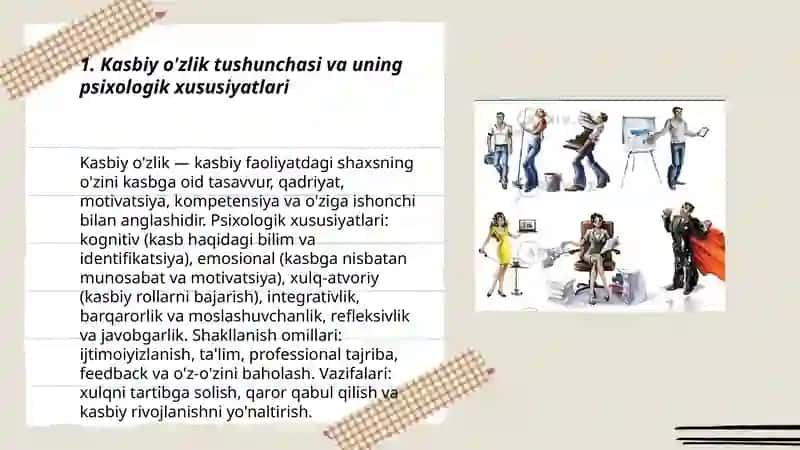 Shaxsda kasbiy o'zlikni anglashning psixologik xususiyatlari.Kasbiy faoliyatda shaxsiy fazilatlarninh o'rni 3