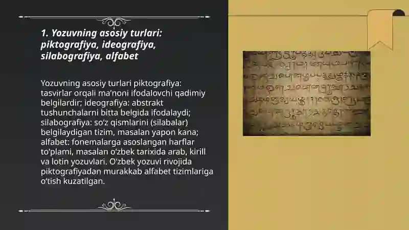 Yozuvning asosiy turlari: piktografiya, ideografiya, silabografiya, alfabet 3