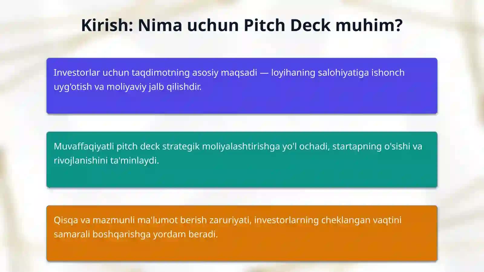 Startap loyihalari uchun Pitch Deck (Investorlar uchun taqdimot) tuzilmasi 3