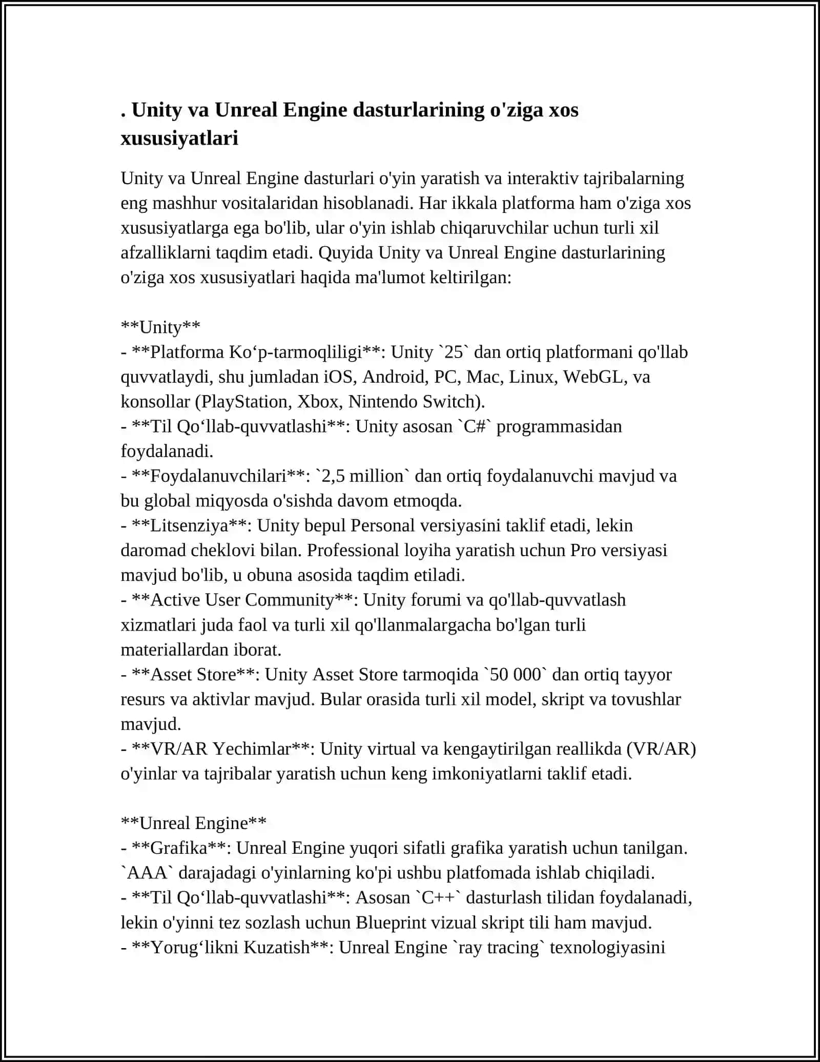 MUSTAQIL ISH Mavzu: UNITY VA UNREAL ENGINE 3D STUDIA O MAX DASTURLARI FARQI VA AFZALLIK KAMCHILIKLARI 3