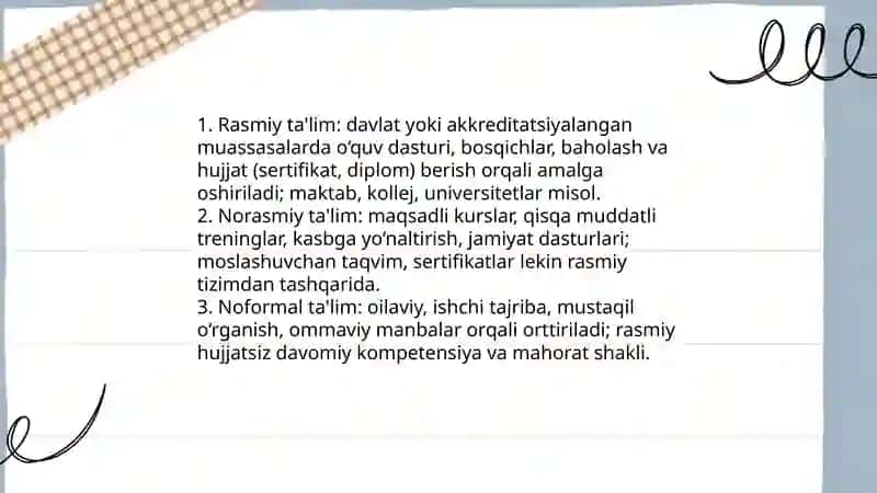 Ta'lim turlari va ta'limni tashkil etish shakllari 3