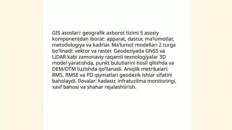 Geodeziyada zamonaviy raqamli texnologiyalar: GIS, 3D modellash 3