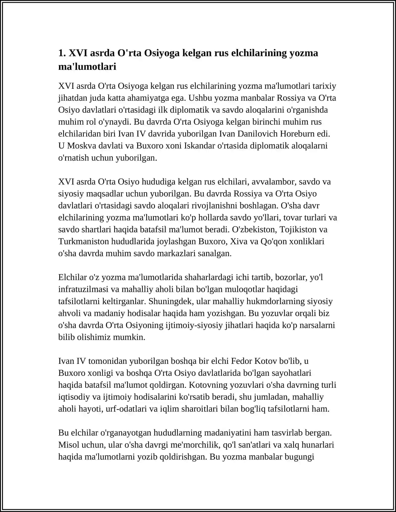 XVI-XIX ASRNING BIRINCHI YARMIDA O'RTA OSIYOGA KELGAN RUS ELCHILARI YOZMA MALUMOTI VA AXBOROTLARINING TARIXSHUNOSLIGI 3