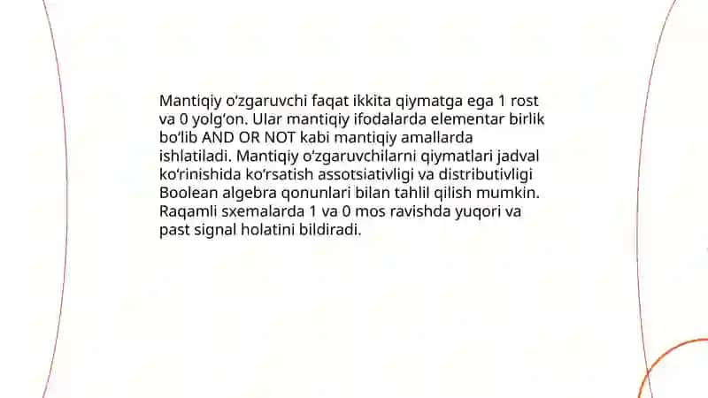 Mantiqiy oʻzgaruvchilari va mantiqiy ifodalar 3
