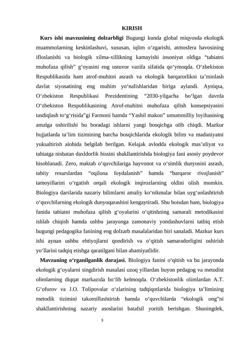 BIOLOGIYA FANIDA TABIATNI MUHOFAZA QILISH G‘OYALARINI O‘QITISH kurs ishi 3