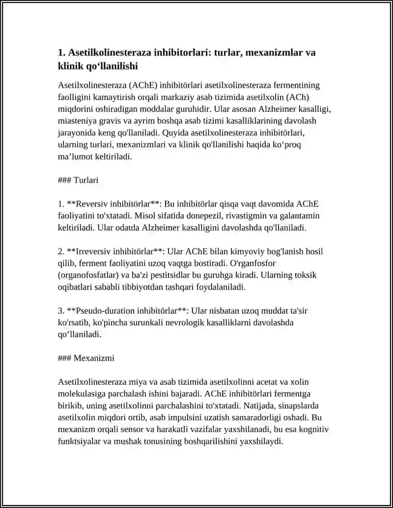 Asetilkolinesteraza inhibitorlari: turlar, mexanizmlar va klinik qoʻllanilishi 3