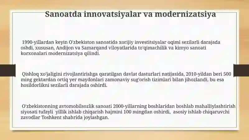 Mustaqillik yillarida qishloq xojaligi va sanoat sohasidagi o'zgarishlar 3