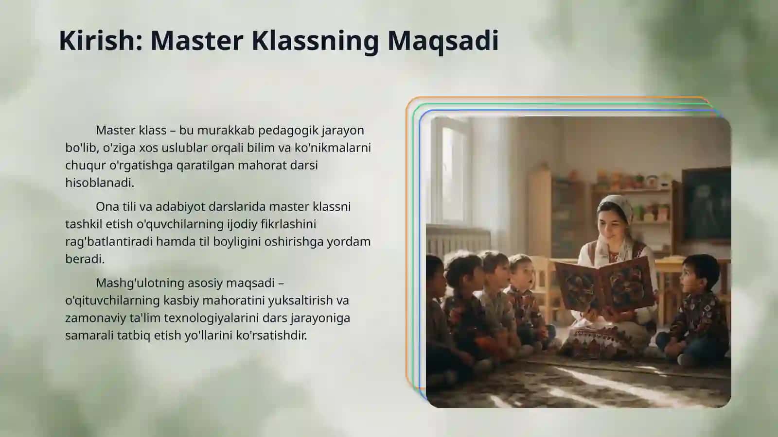 O'zbek tilida master klass  tashkil etish yo‘llari:ona tili va adabiyot darslarida 3