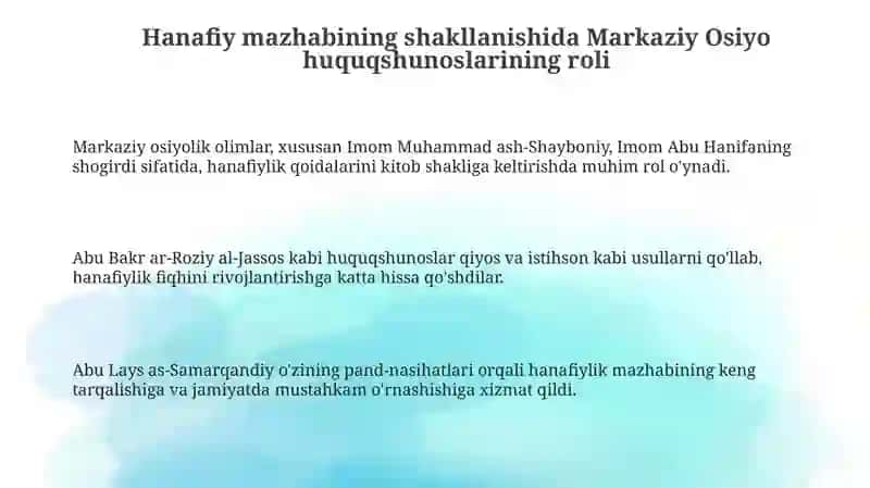 Hanafiy mazhabi rivojida Markaziy Osiyo faqihlarining roli va hissasi 3